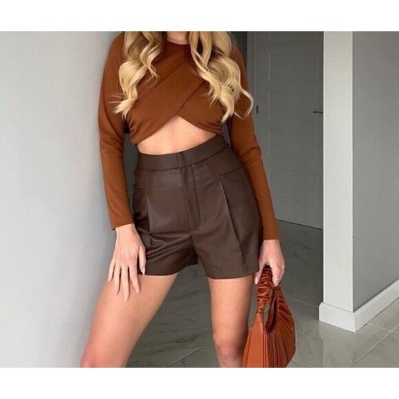 Zara Sz L Brown Faux Leather High Rise Shorts Vegan Stretch Pockets NWT NEW - Picture 6 of 16